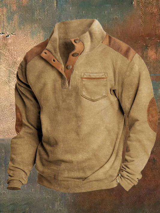 Men's Fleece Vintage Western Color Block Pocket Stand Collar Sweatshirt