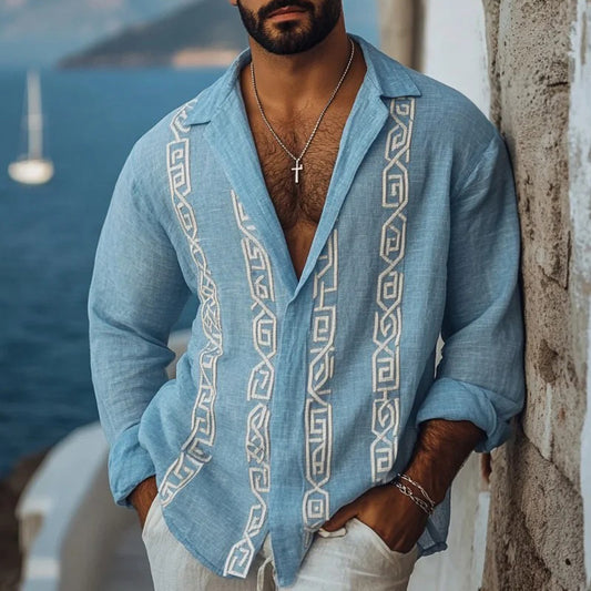 Men's Retro Greek Key Inspired Linen Blend Comfy Blouse