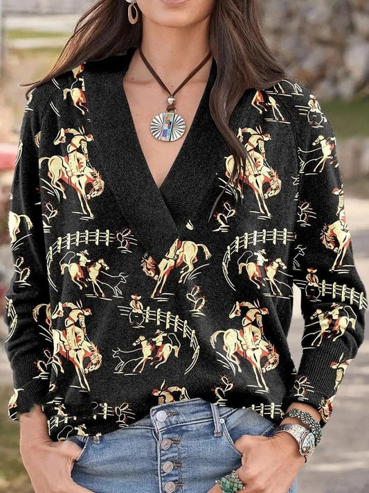 Black Rodeo Print Knit V-neck Pullover Sweater