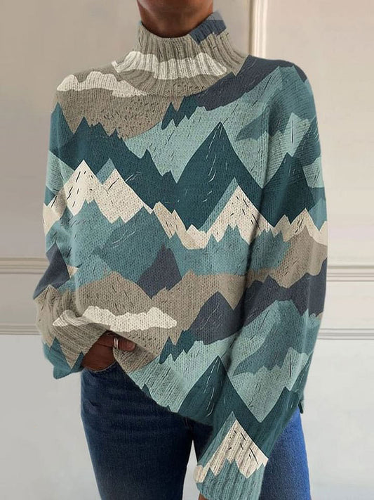 Retro Abstract Mountains Print Knit Turtleneck Pullover Sweater