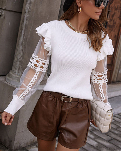 Solid Color Mesh Patchwork Long-Sleeved Lace T-Shirt