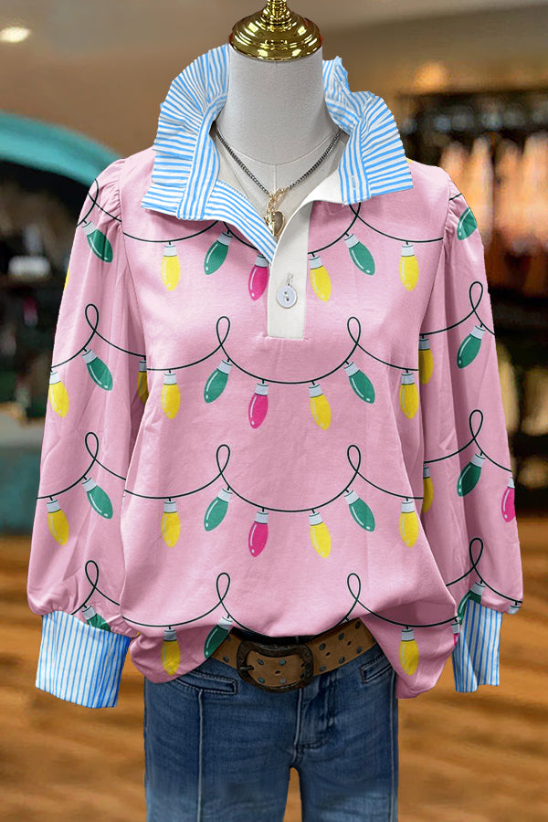 Sweet Christmas Lights Print Puff Sleeve Blouse