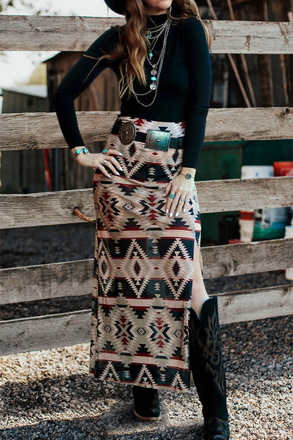 Vintage Aztec Pattern Slit Skirt