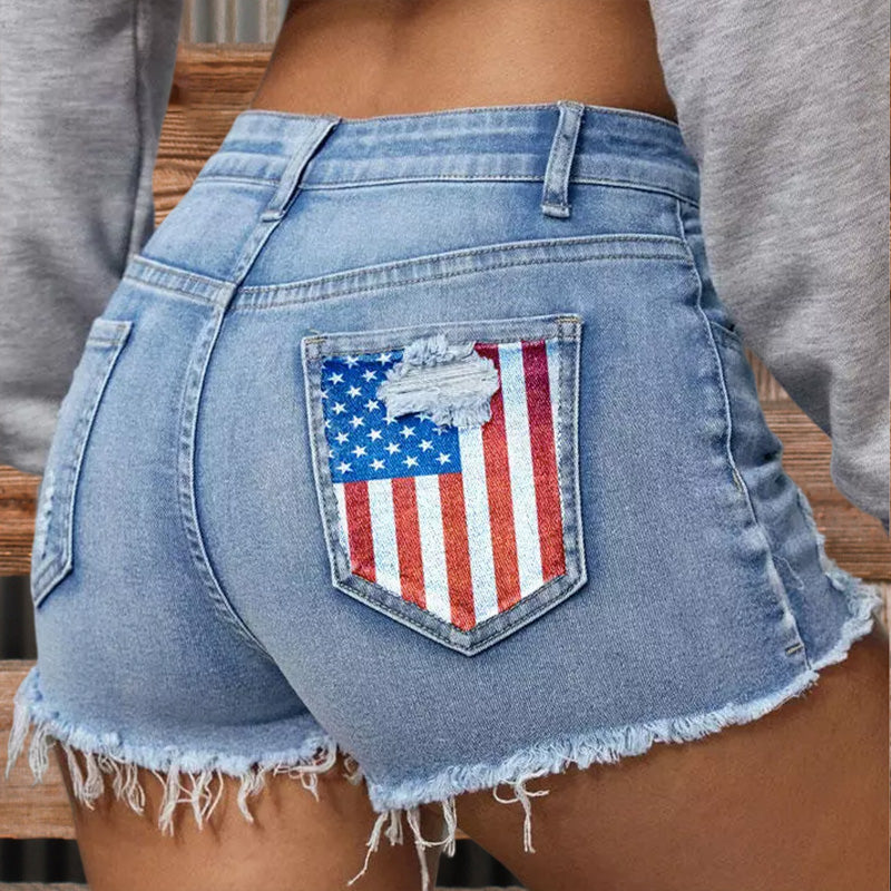 American Flag Ripped Hole Pocket Denim Shorts