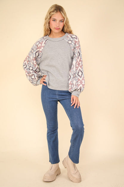 Aztec Printed Long Sleeve Round Neck Knit Top