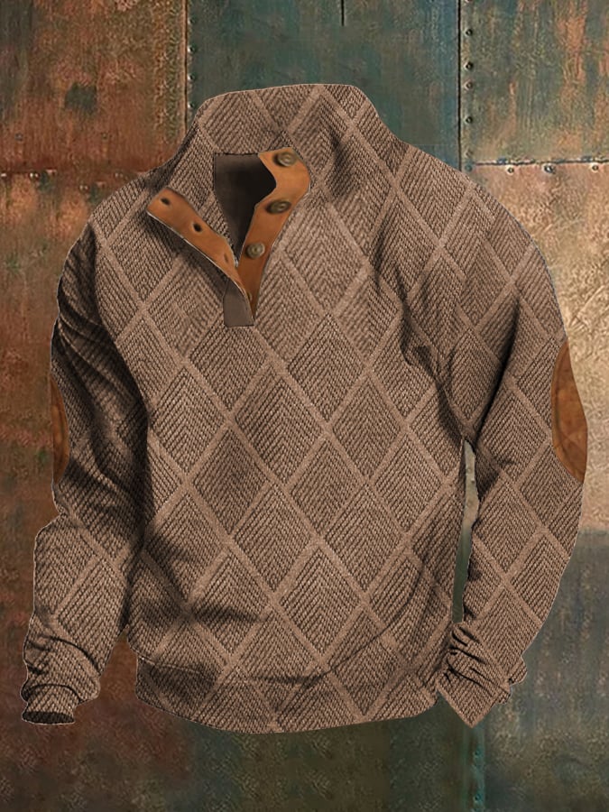 Men's Retro Printed Stand Collar Button Sweatshirt In Plush Fabric