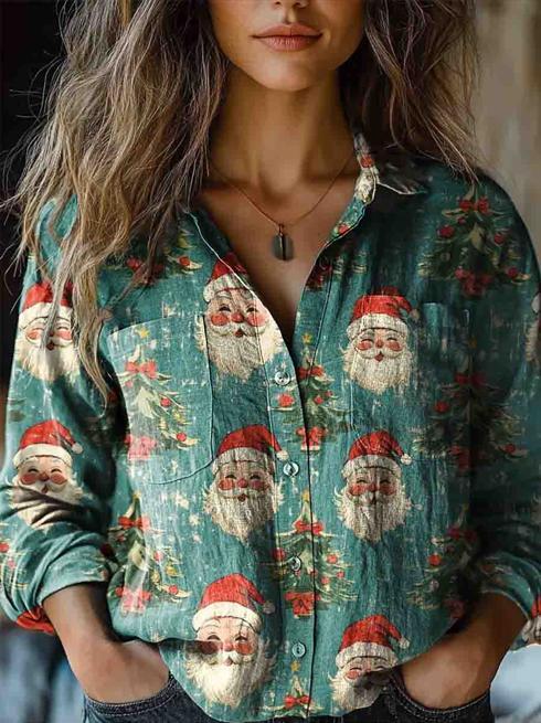 Women's Vintage Fun Christmas Santa Art Print Casual Long Sleeve Comfortable Cotton Shirt