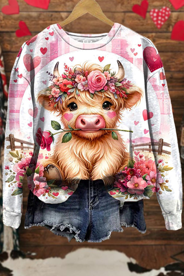 Valentine's Day Cow Print Round Neck Sweatshirt