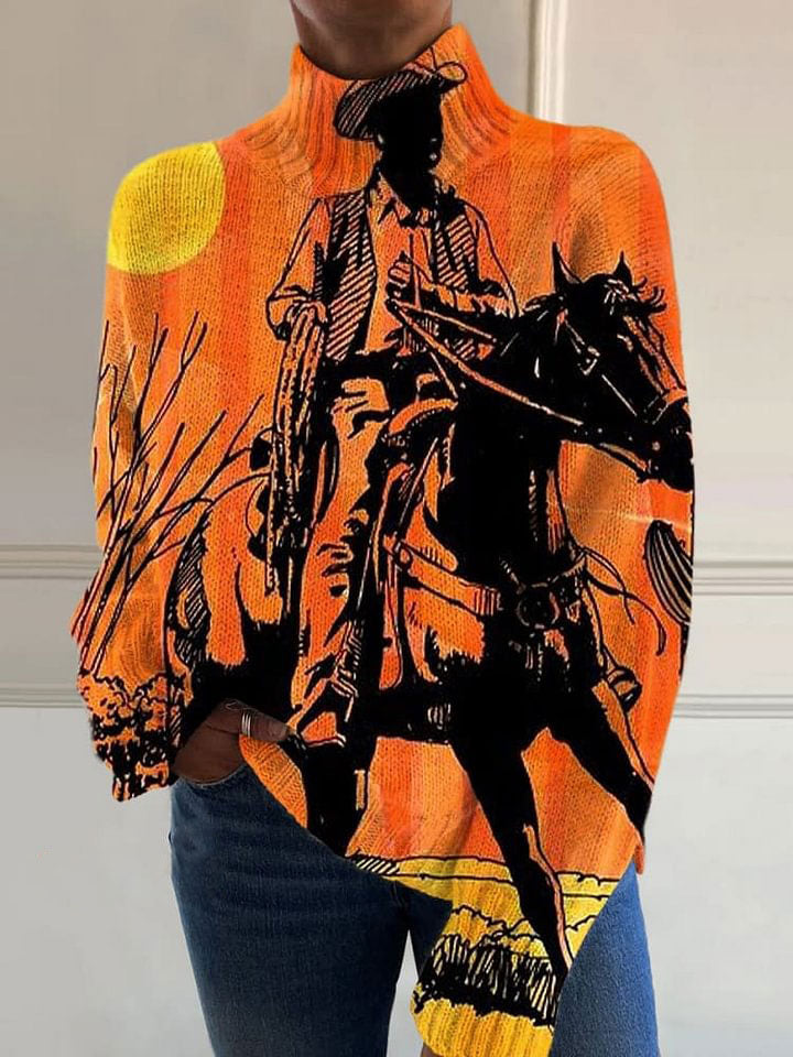 Retro Abstract Cowboy Warhorse Print Knit Turtleneck Pullover Sweater