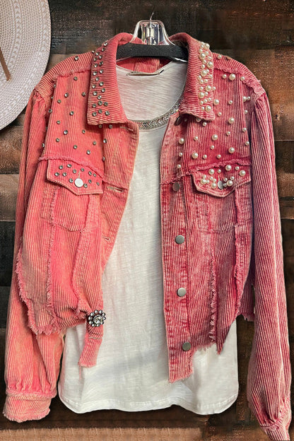 Rhinestone Pearl Washed Corduroy Jacket