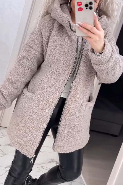 Women's Casual Loose Lamb Wool Hooded Mid-Length Coat