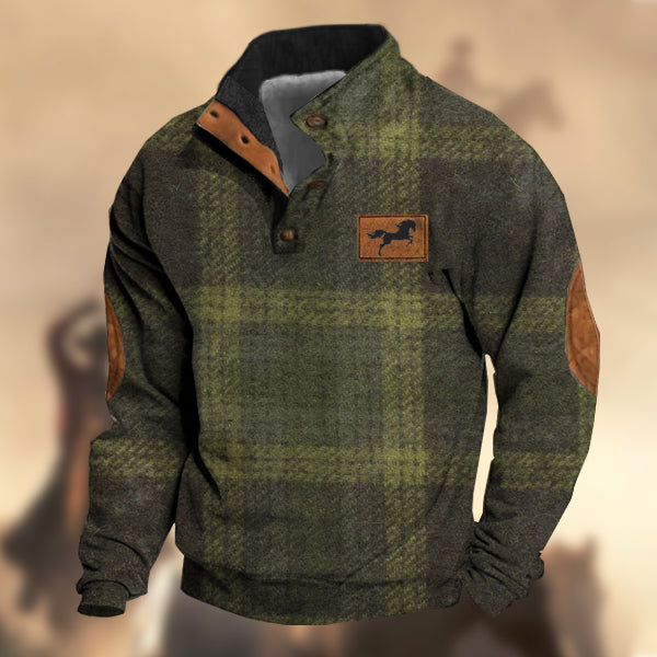 Men's Vintage Country Western Horse Light Dark Green Wool Plaid Print Stand Collar Sweatshirt