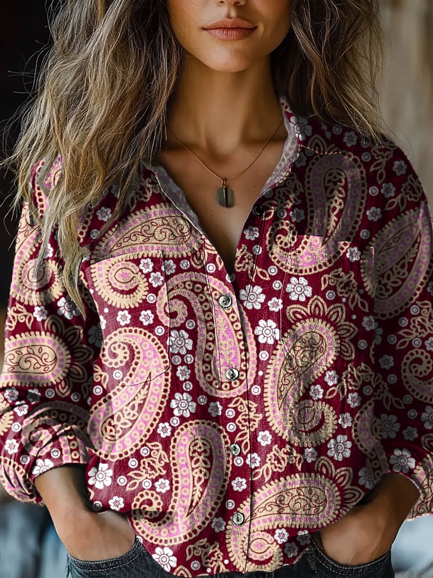 Women's Vintage Red Paisley Floral Print Casual Long Sleeve Comfortable Cotton Shirt