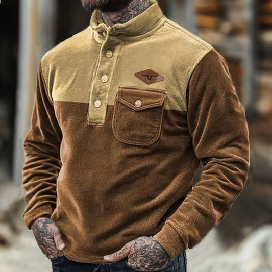 Men's Vintage Yellowstone Corduroy Contrast Button Henley Stand Collar Pocket Outdoor Sweatshirt