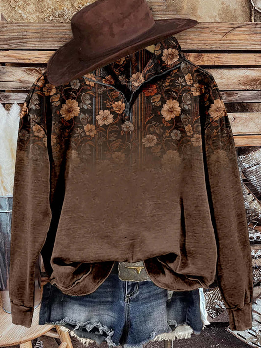 Brown Flower Casual Long Sleeve Zip Sweatshirt