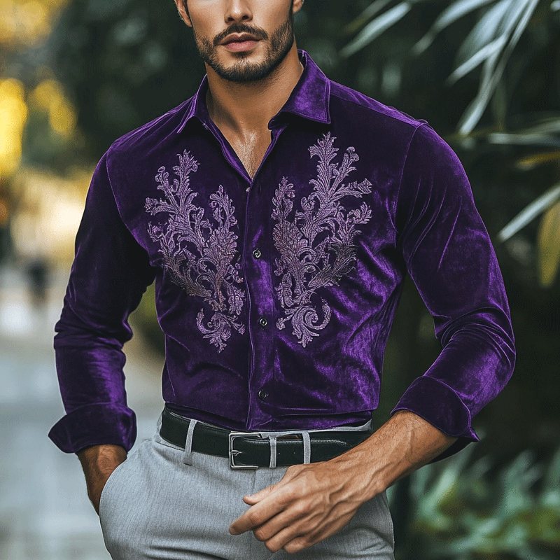 Men's Gentleman Regular Fit Crushed Flower Embroidery Purple Velvet Shirt