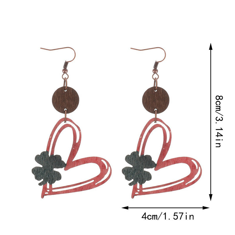 Valentine's Day Heart Hollow Four-leaf Clover Wooden Earrings