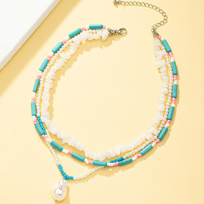 Bohemian White Turquoise Crystal Multi-layered Necklace