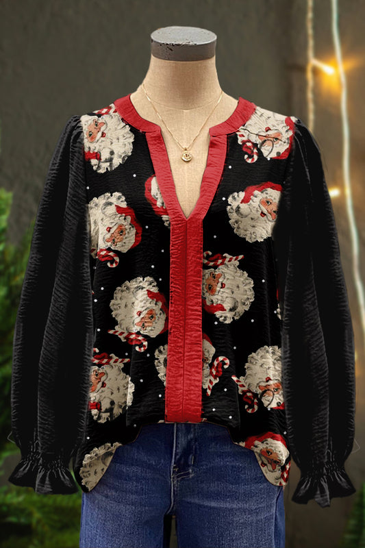 Christmas Santa Claus Print Puff Sleeve Top