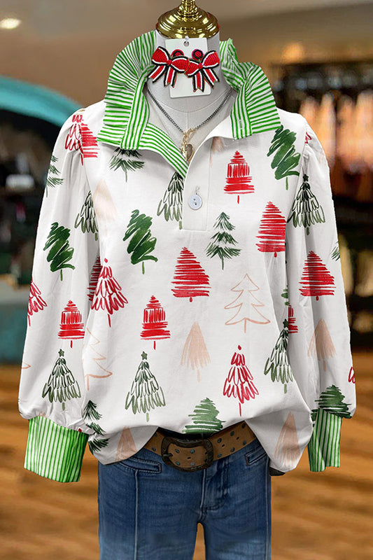 Pretty Christmas Tree Painted Striped Blouse