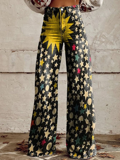 Women's Vintage Stars Print Casual Wide Leg Pants