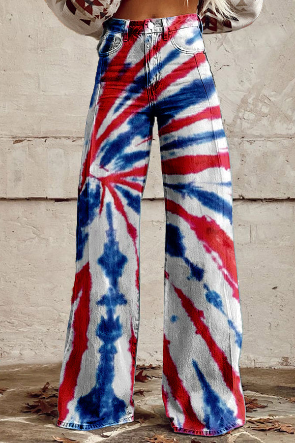 Red Blue Contrasting Tie Dye Wide Leg Pants