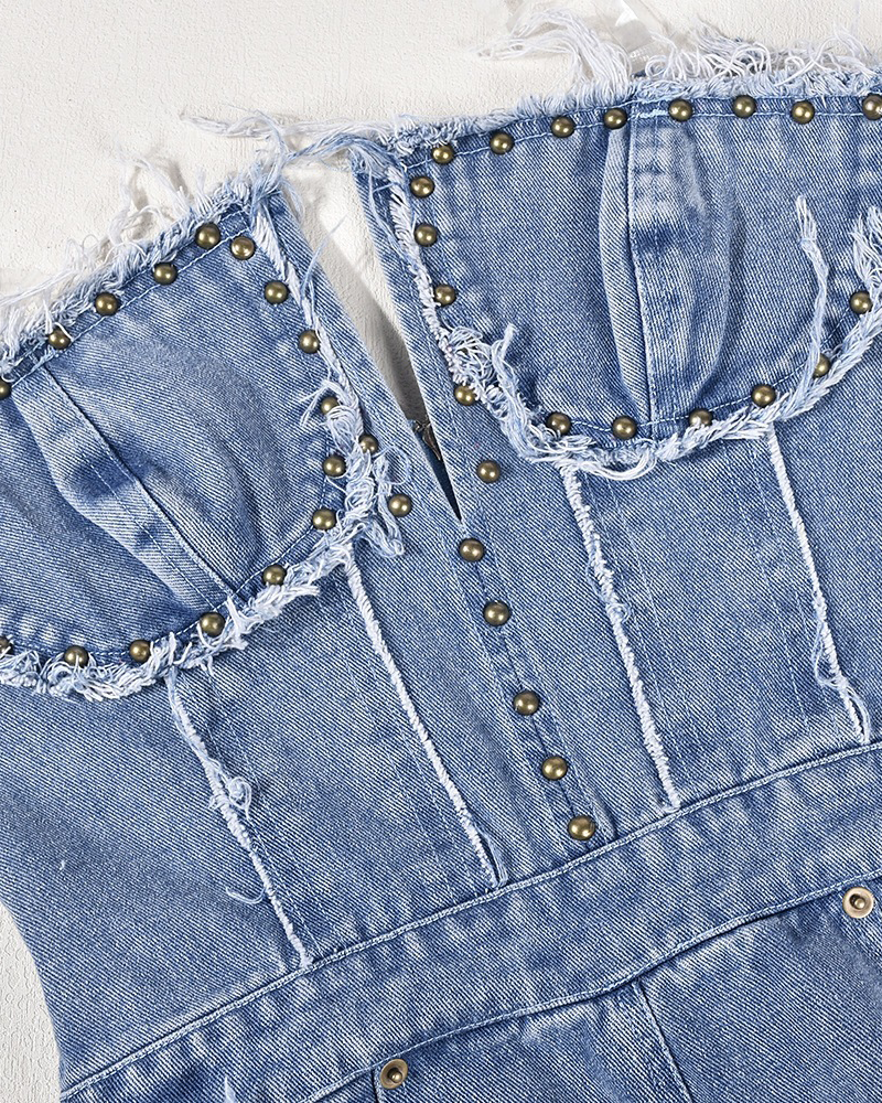 Tassel Hole Stud Denim Jumpsuit