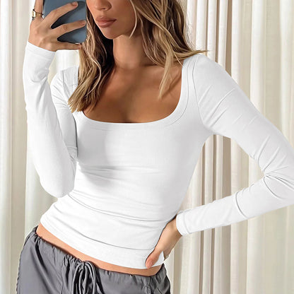 Women's Tops Knitted Sweater Threaded T-shirt Sexy U-neck Long-sleeved Shirt Y2K With Tight T-shirt Inside