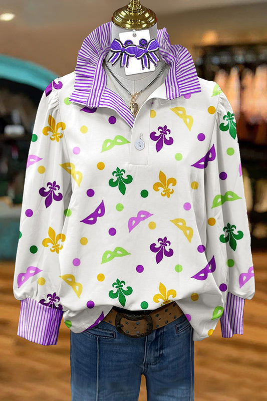 Cute Mardi Gras Print Puff Sleeve Blouse