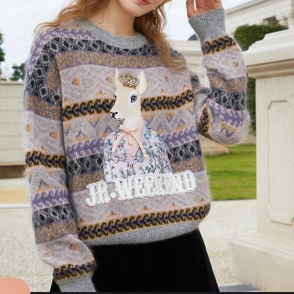 Loose Geometric Deer Bow Knit Sweater Top