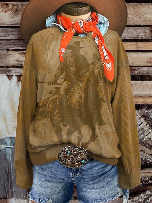 Women's Vintage Cowboy Art Print Corduroy Sweatshirt