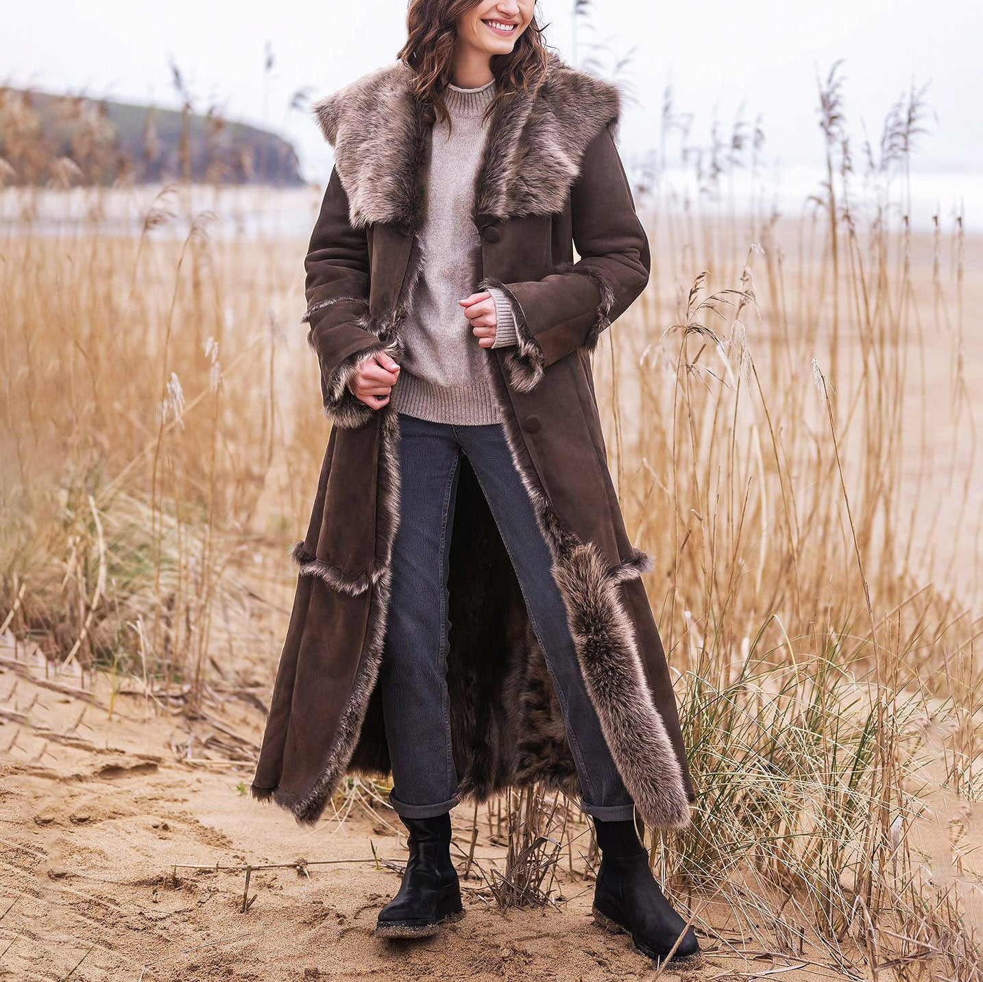 Women's Vintage Suede Fleece Fur Long Shearling Hooded Jacket Afghan Coat