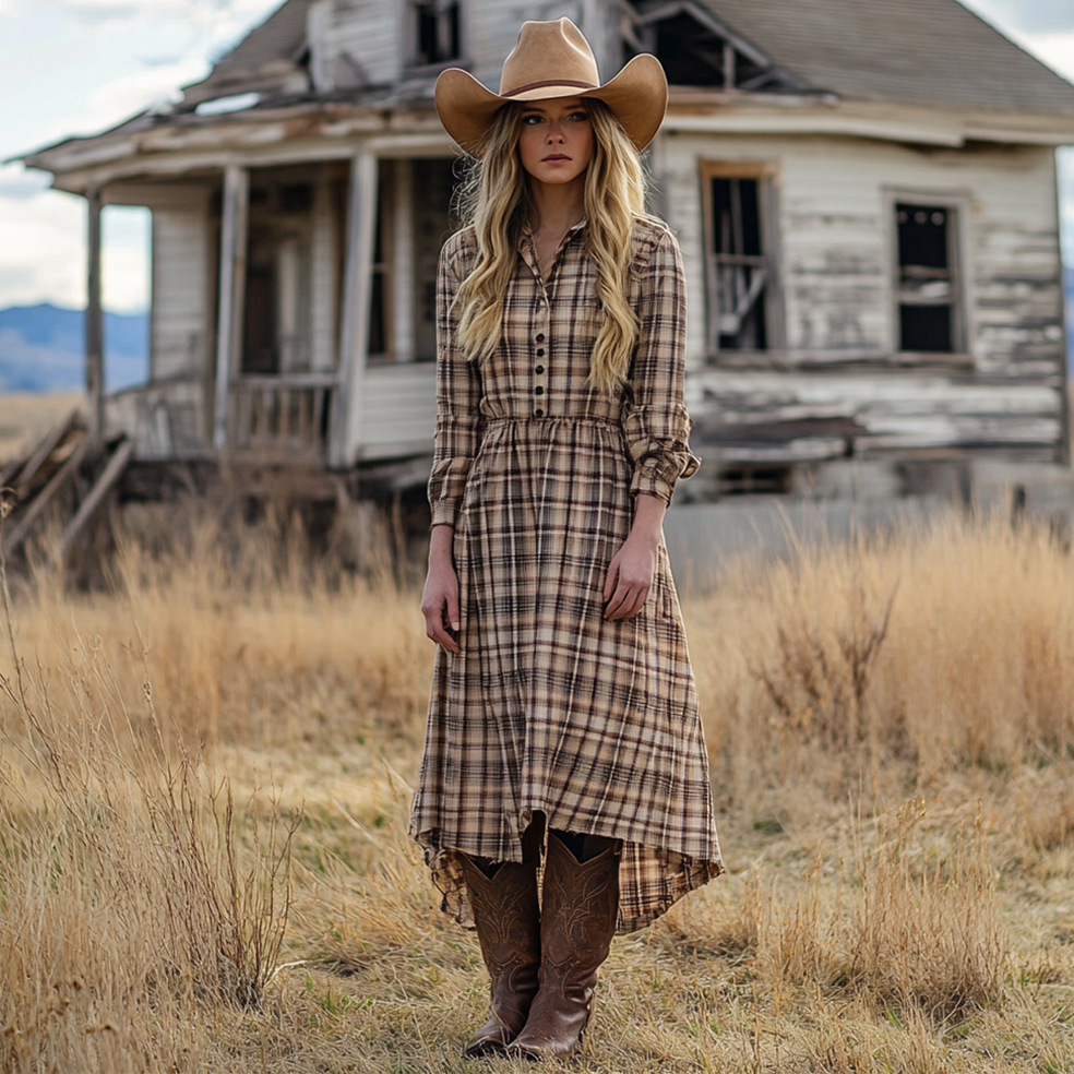 Ladies Vintage Western Style Pastoral Shirt Collar Checked Fabric Rustic Boho Dress