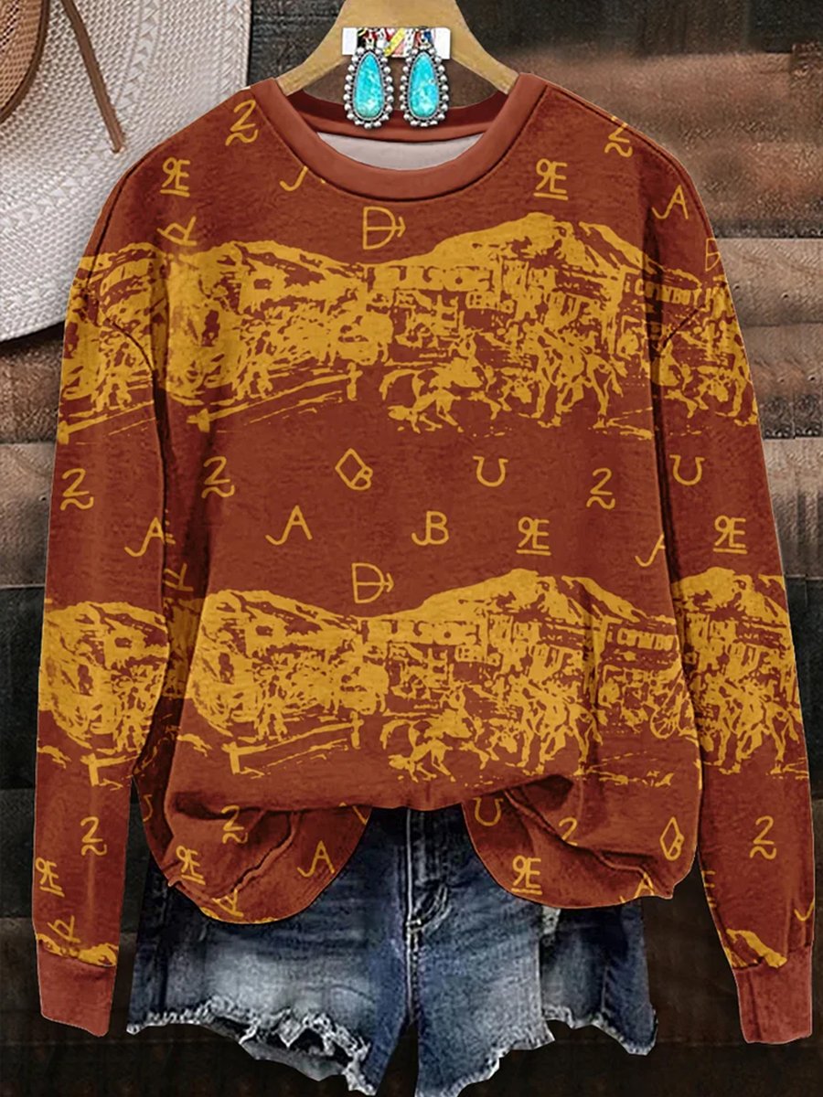 Vintage Western Print Casual Sweatshirt