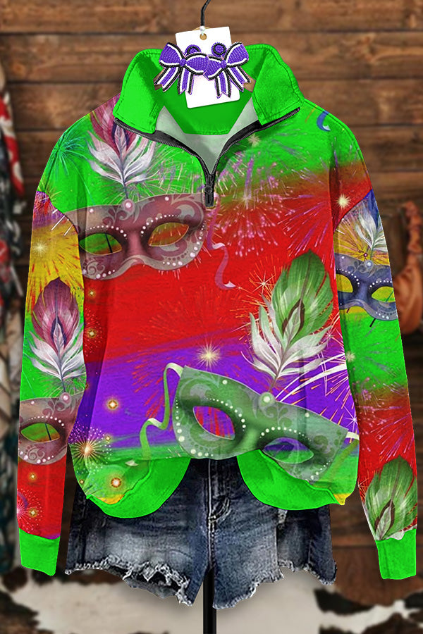 Vintage Mardi Gras Print Zip-Up Sweatshirt