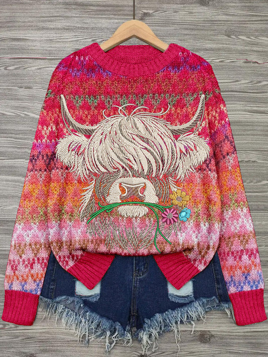 Scottish Highland Cow With Flowers Embroidered Colorful Sweater