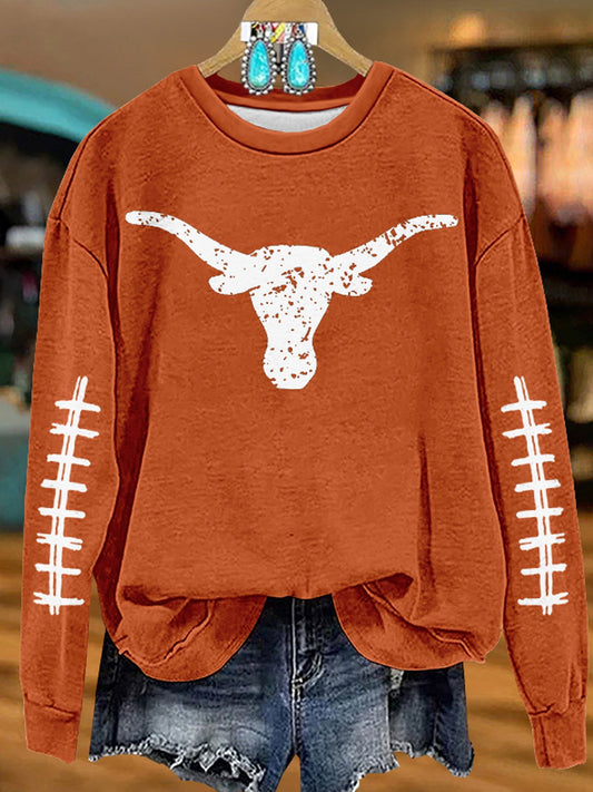 Orange Bull Head Print Casual Sweatshirt