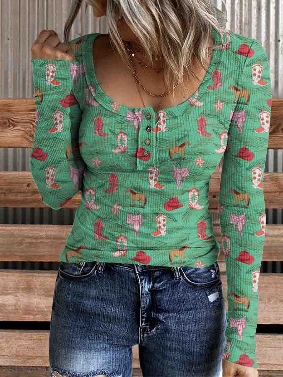 Women's Christmas Boots Print Comfortable Cotton Henley Shirt