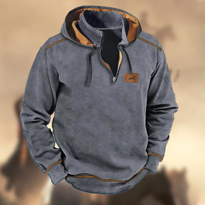 Men's Vintage Country Elk Hunting Contrast Zip-Up Stand Collar Patchwork Hooded Sweatshirt