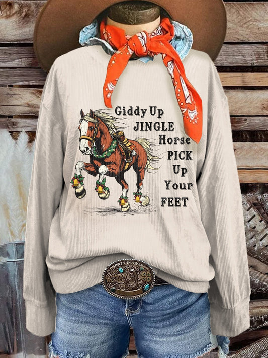 Women's Christmas Jingle Horse Print Casual Corduroy Sweatshirt