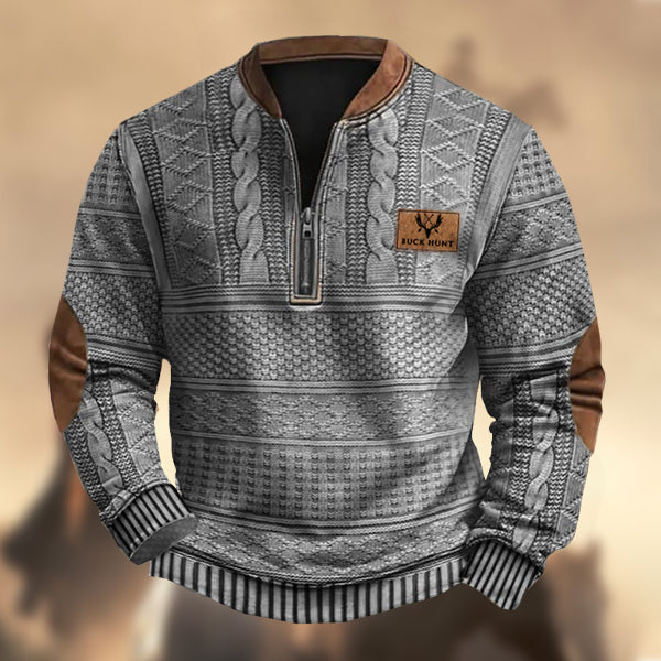 Men's Vintage Western Hunting Elk Knit Print Zipper Stand Collar Casual Sweatshirt