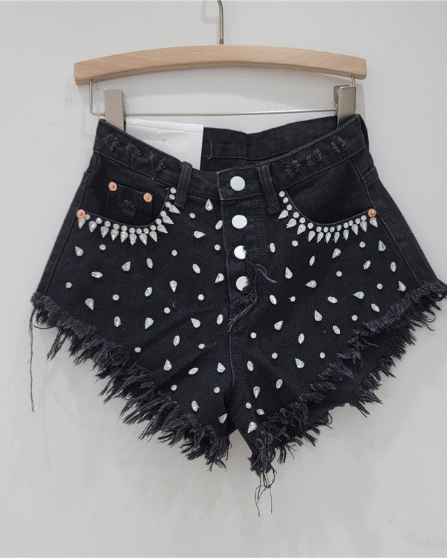 Rhinestone Beaded Fringed 3-Quarter Denim Shorts