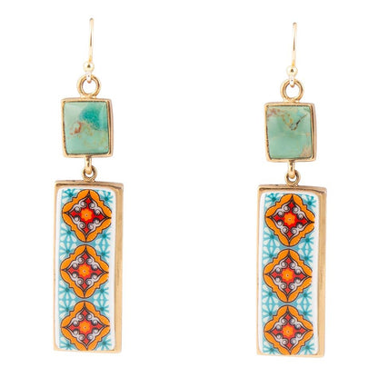 Barse Talavera Tile and Blue Turquoise Golden Dangle Earrings