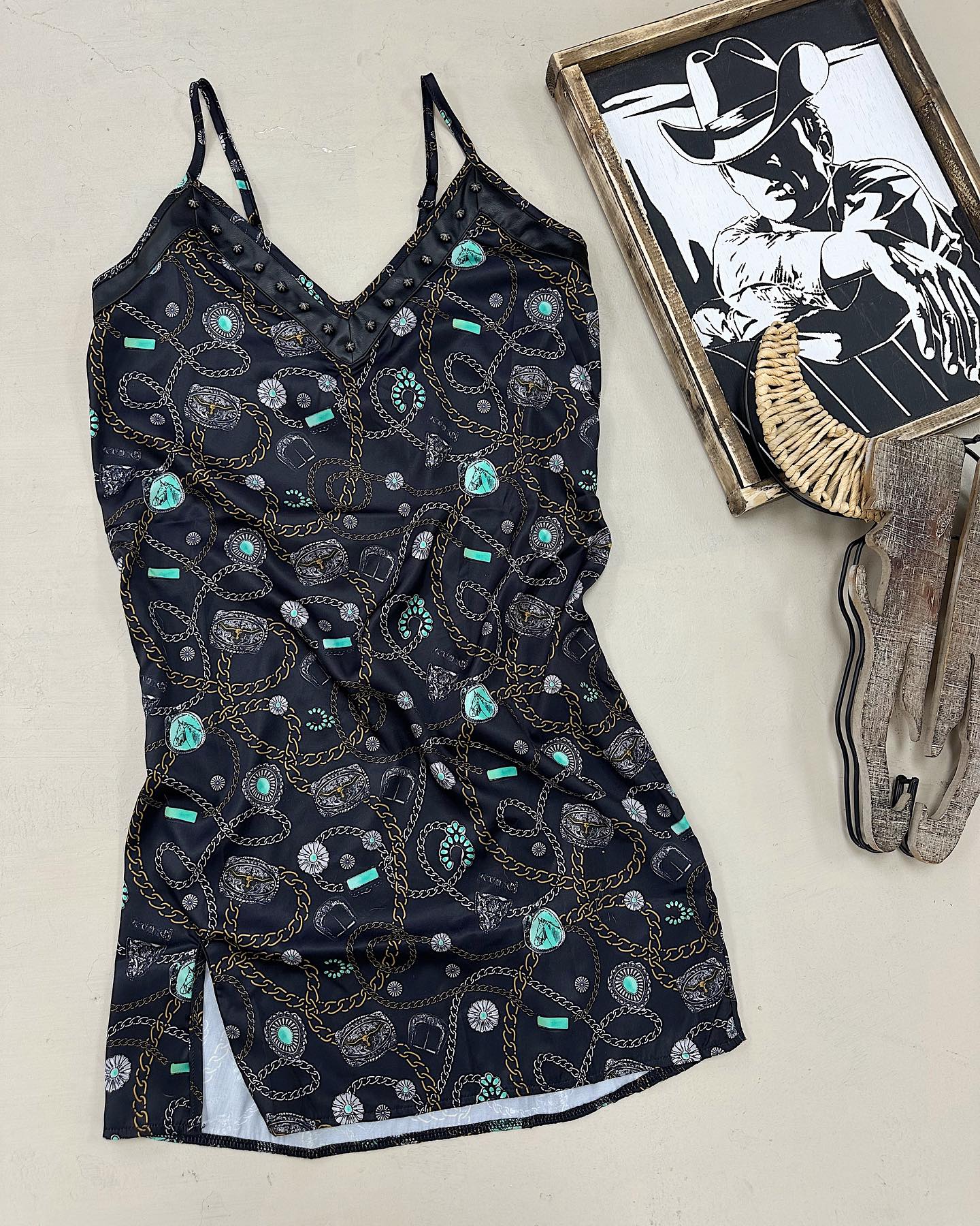 V-Necklace Turquoise Print Mini Dress