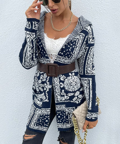 Navy Blue Floral Bandana Hooded Cardigan