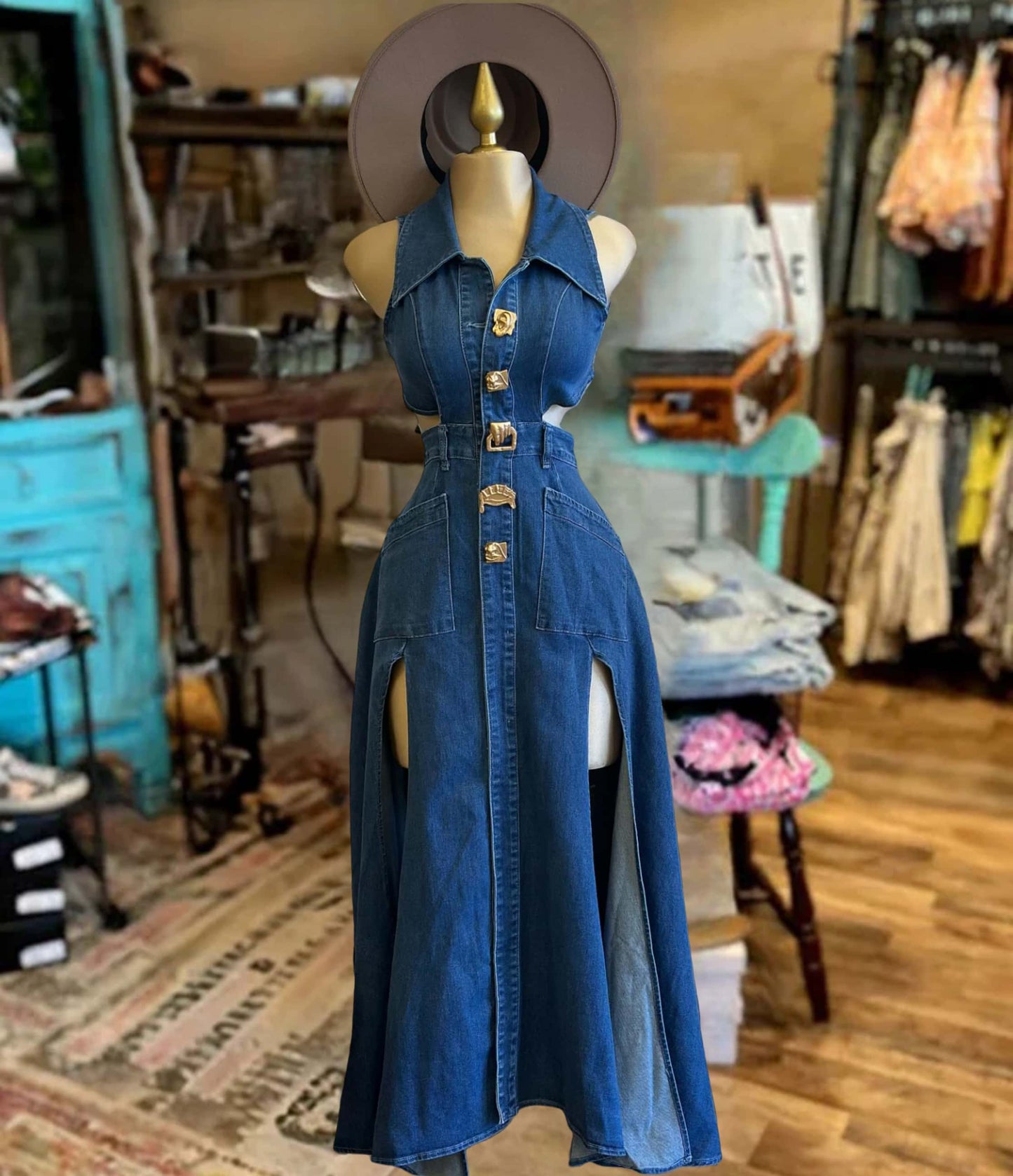 New Polo collar sexy slit hem denim dress