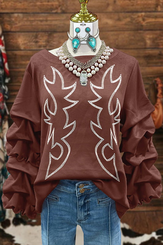 Vintage Western Boot Stitch Print Pleated Sweatshirt