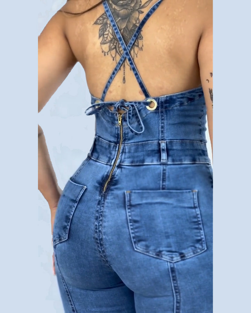 Denim Jumpsuit for Women Sexy Slim-Fit Halter Bandage Jeans Rompers