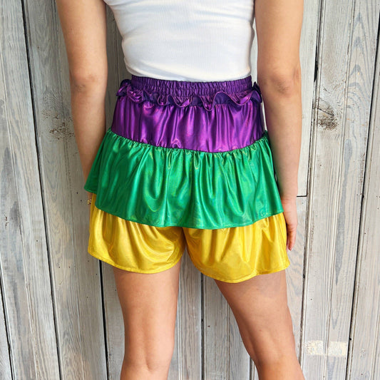 Carnival Tricolor Paneled Satin Pleated Shorts