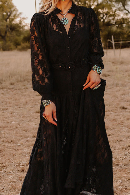 Beautiful Collar Neckline Button Front Lace Maxi Dress